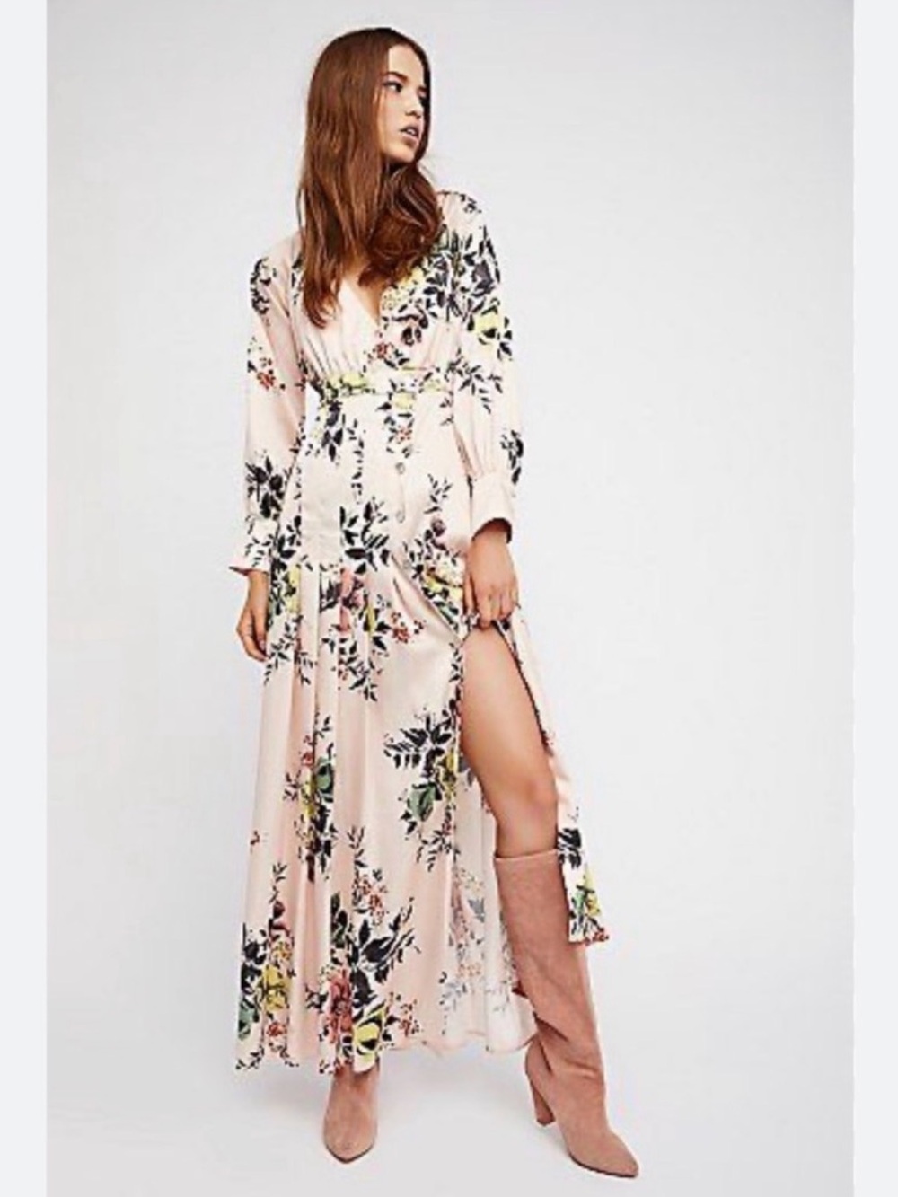 Free People Dreams Of You Long-sleeve Floral Maxi Dress with Slit